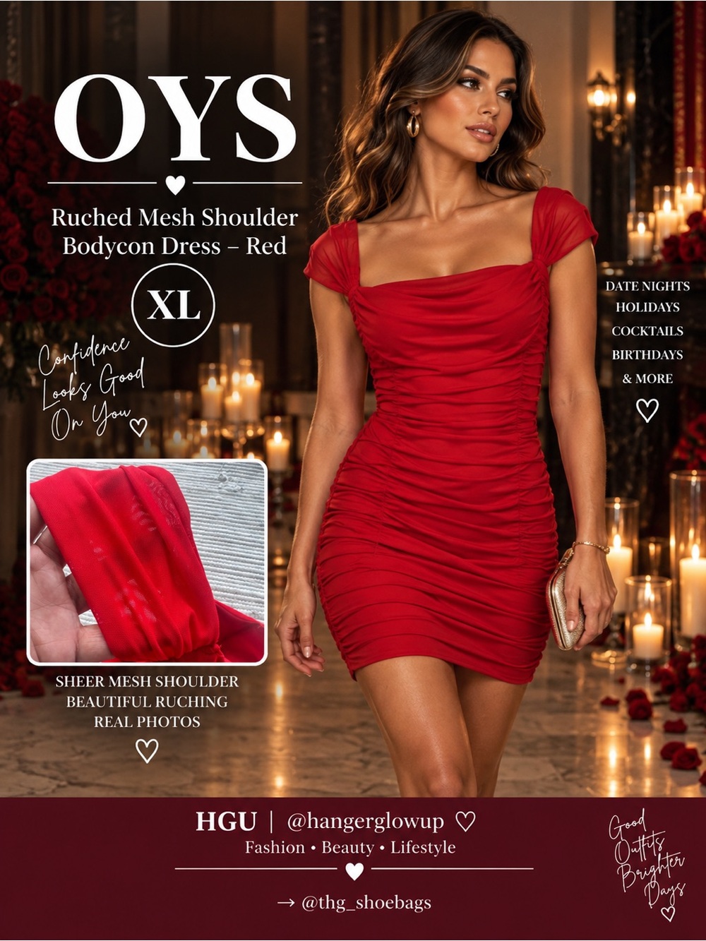 OYS Red Ruched Mesh Shoulder Bodycon Dress XL NWT Off Shoulder